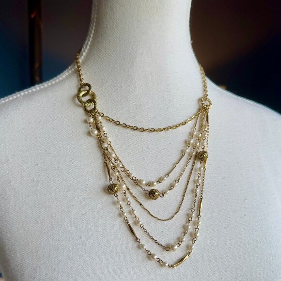 Gold Tone and Pearl Multi Strand 1928 Necklace - Picture 3 of 11